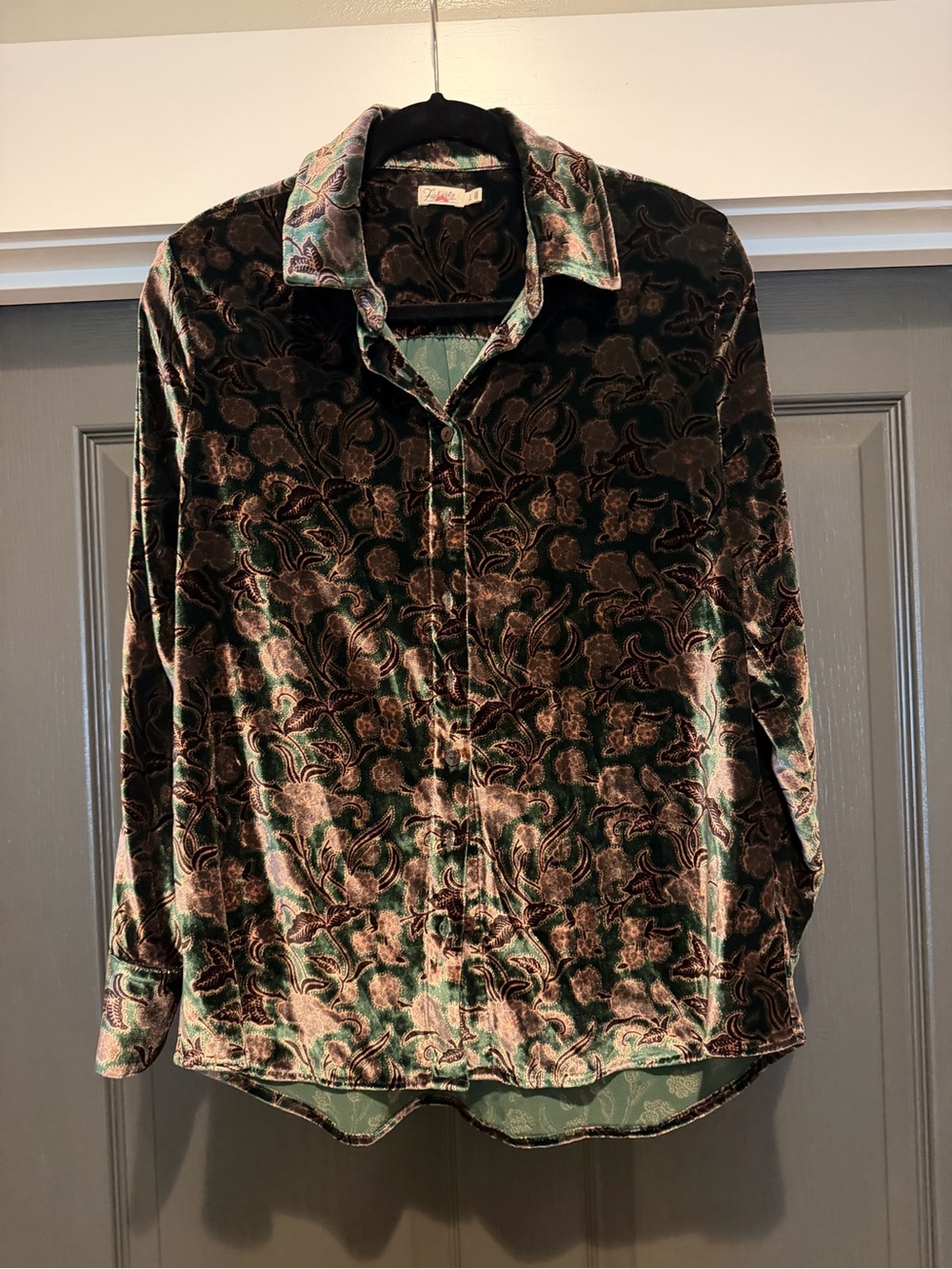 Faherty Velvet Floral Button-Down in Dark Green and Brown